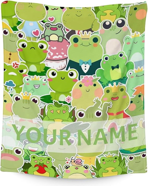 Personalized Frog Blanket Gifts with Name - 60x80 Inches Cute Throw for Girls & Boys - Colorful Soft Fuzzy Blankets for Bed, Couch & Living Room
