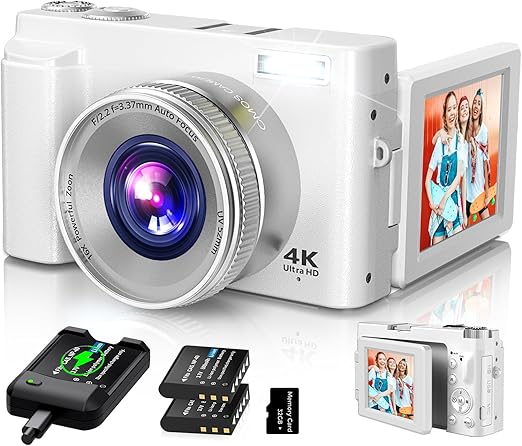 4K Digital Camera for Photography Autofocus, 2024 Latest 48MP Vlogging Camera for YouTube with SD Card, 2 Batteries, 3" 180°Flip Screen Compact Travel Camera for Teens with 16X Zoom (Off White)