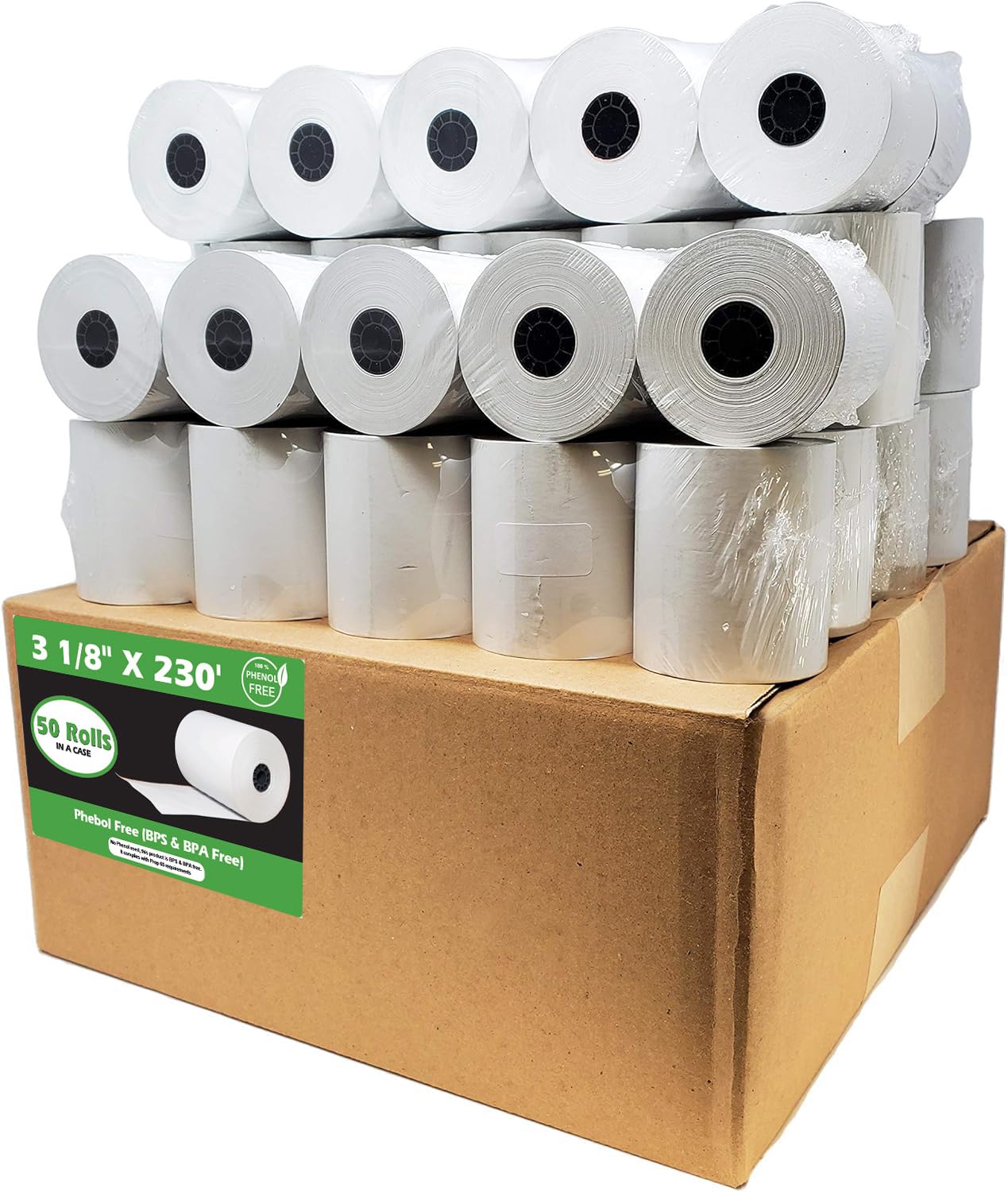Phenol Free Thermal Paper 3 1/8" x 230' ft (Also BPA & BPS Free - 50 Rolls) Climate Friendly Receipt Rolls fits all Clover POS Cash Register Printers