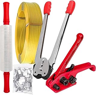 Pallet Banding Strapping Kit - Tensioner Sealer Tool with Stretch Film, Hand Grade Poly Strap, Semi-Open Seals, Complete Strapping Banding Packing Kit, 320' Length x 1/2" Wide Belt for Packing