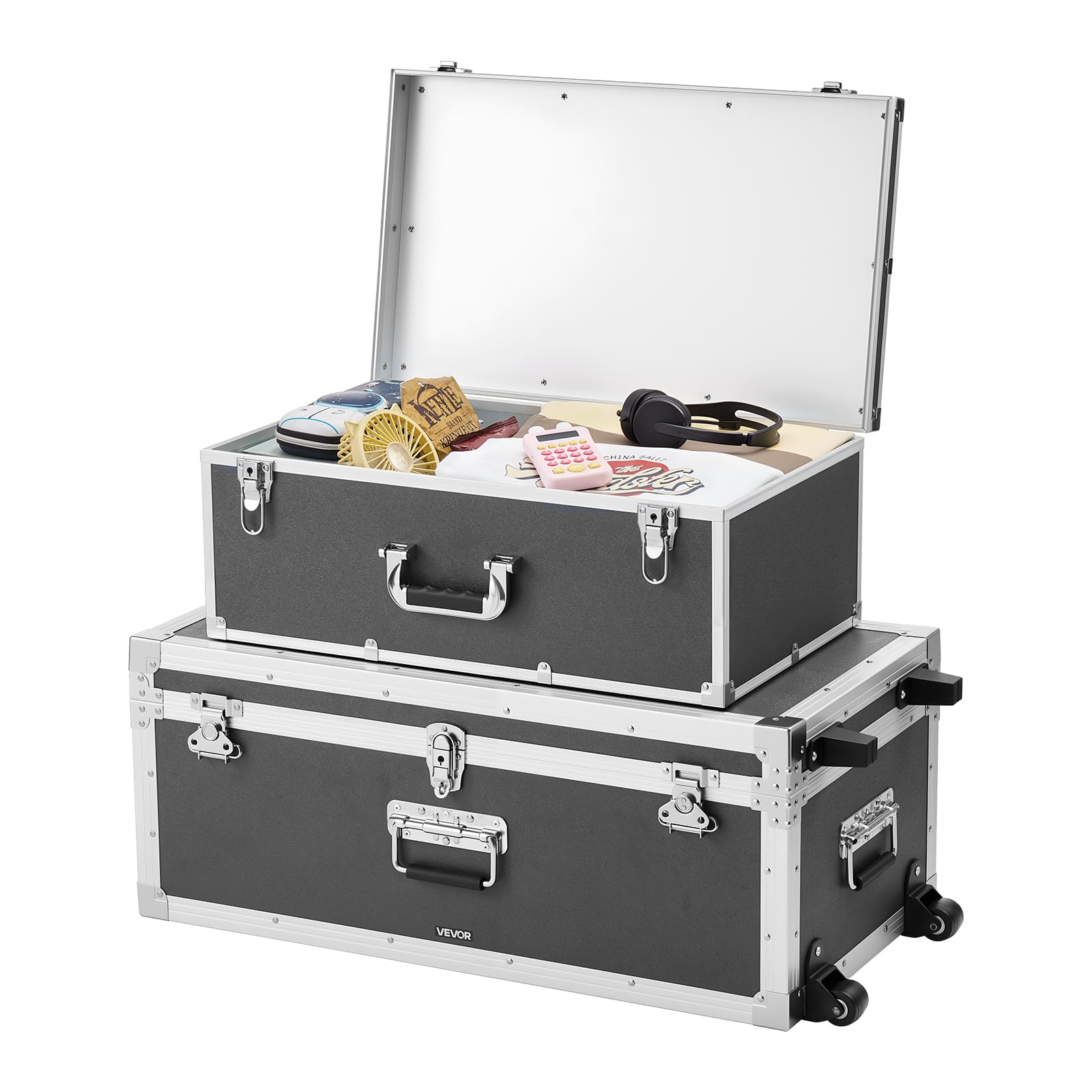VEVOR Cajas de Transporte y Almacenamiento, Juego de 2 Piezas, Grande 763 x 392 x 312 mm, Pequeña 600 x 350 x 240 mm, Caja de Madera con Cerradura Asas de Metal Ruedas, para Viajes Equipo, Color Gris