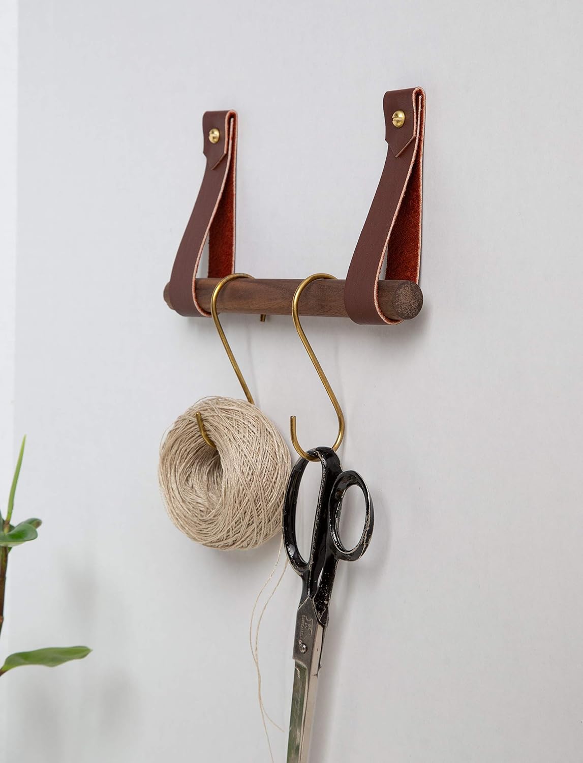 Keyaiira - Hanging Storage Rack Towel Holder Kit Wall Mounted Utensil or Mug Rail Kitchen, Bathroom, Camper, RV, Leather & Wood, Gold/Brass Hardware, Simple Hook, Small Space Organization, Coffee Bar