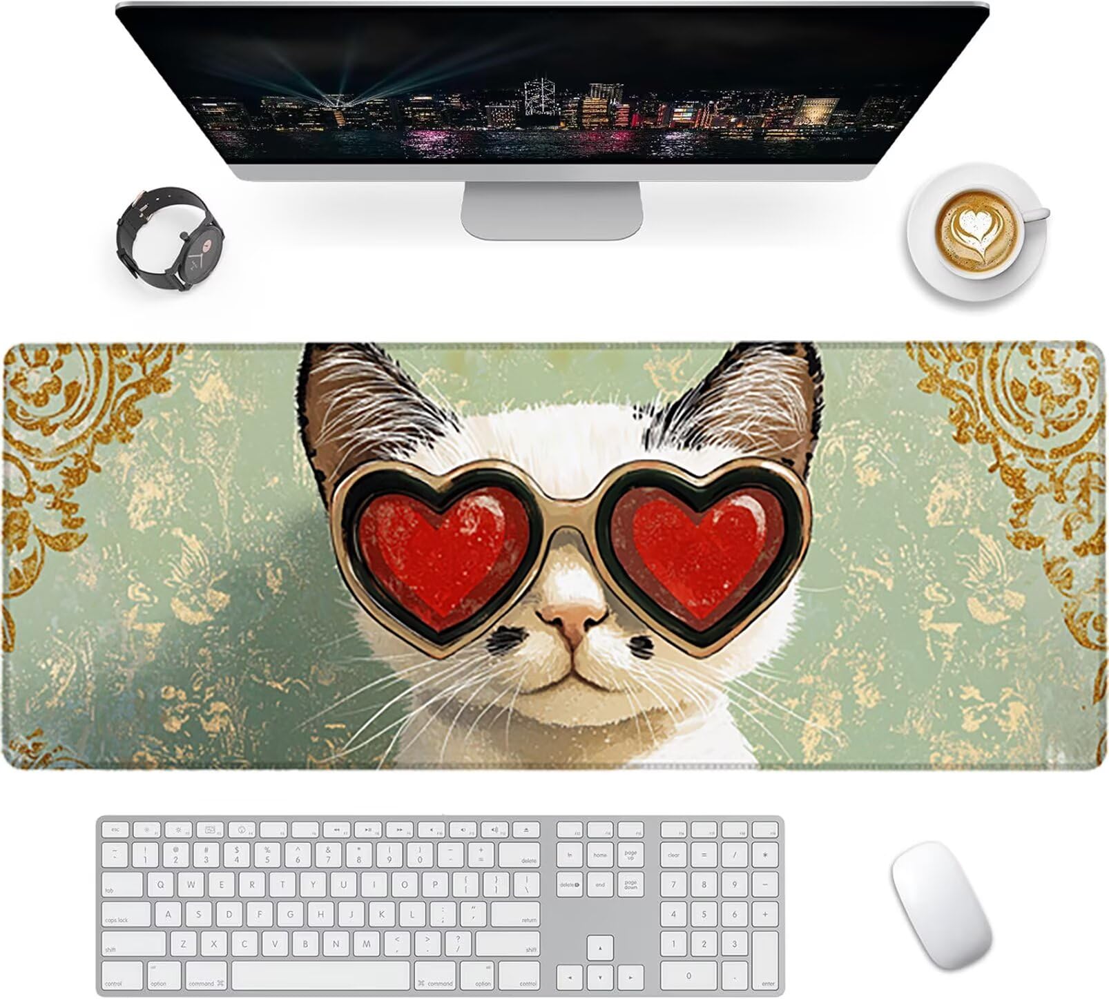 Lpfieonn Katze Großes Schreibtischunterlage, XXL Schreibtischunterlagen, Blau XXL Wasserdicht Gaming Mousepad mit Vernähter Rand und Rutschfeste Gummibasis, für Laptop/Hause/Büro 120x60cm PF-3551