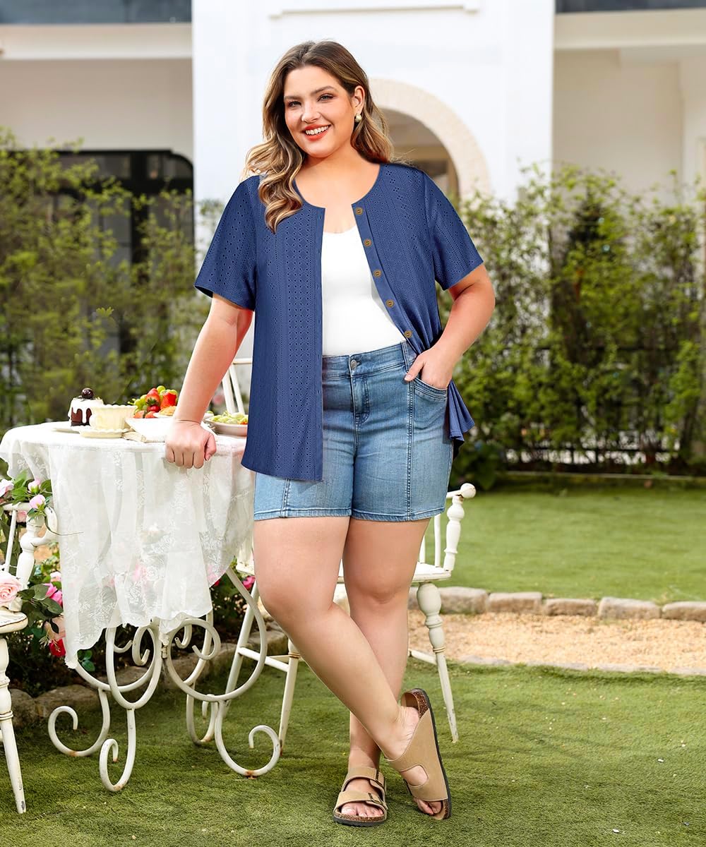 RITERA Plus Size Tops for Women Crewneck Neck with Button Up Short Sleeve Embroidery Henley Tshirt Casual Basic Shirt XL-5XL - Image 4