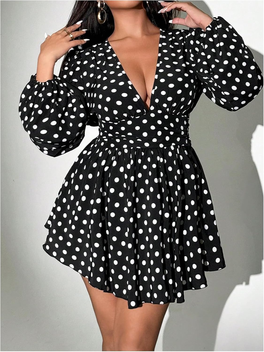 Women's Plus Size Polka Dots Mini Dress Deep V Neck Long Sleeve A Line Fall Dresses - Image 4