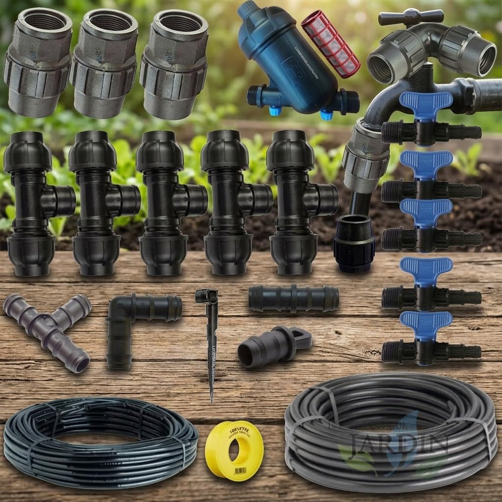 Suinga Pack Riego por Goteo para Jardin hasta 100 m² | Incluye Tuberia y Accesorios de Instalacion | Conexion a Grifo | Sistema Eficiente de Riego para Ahorro de Agua y Facil Uso en Jardin