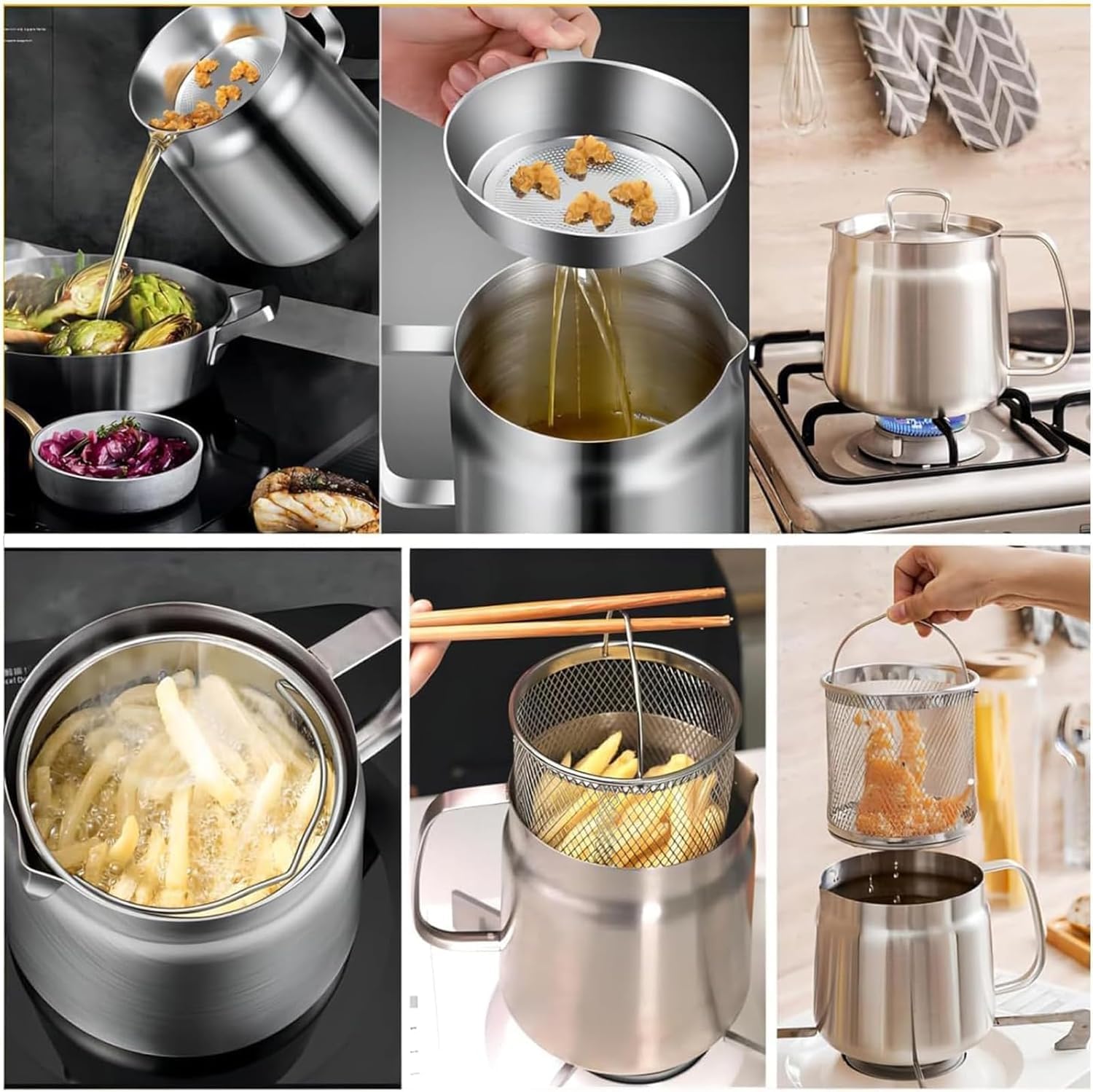 Stainless Steel Fryer with Basket, Lid, 50/68oz Large Capacity 2 in 1 Oil Strainer Pot, Large Capacity Versatile Oil Filter Pot Vessel (2L / 68oz)