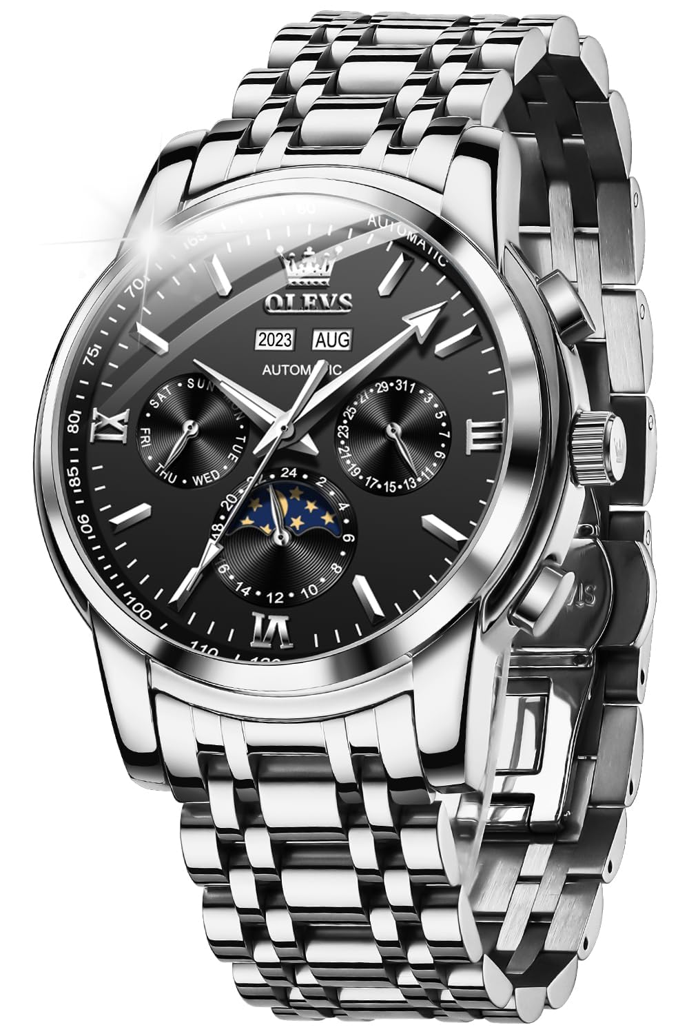 OUPINKE Herrenuhr Automatik Mechanische Armbanduhr mit Mondphase Wasserdicht Luminous Tag Datum Zweifarbige Edelstahlarmband