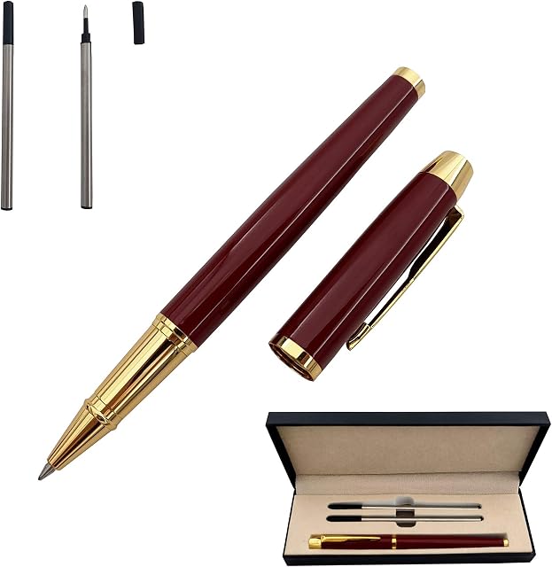 Accod Metal Signature Pen Office Rollerball Pen Black Ink Ballpoint Pen Nice Gift Pen for Family, Classmate and Colleague 0.5mm Replaceable Refills-Gift Boxed (Red)