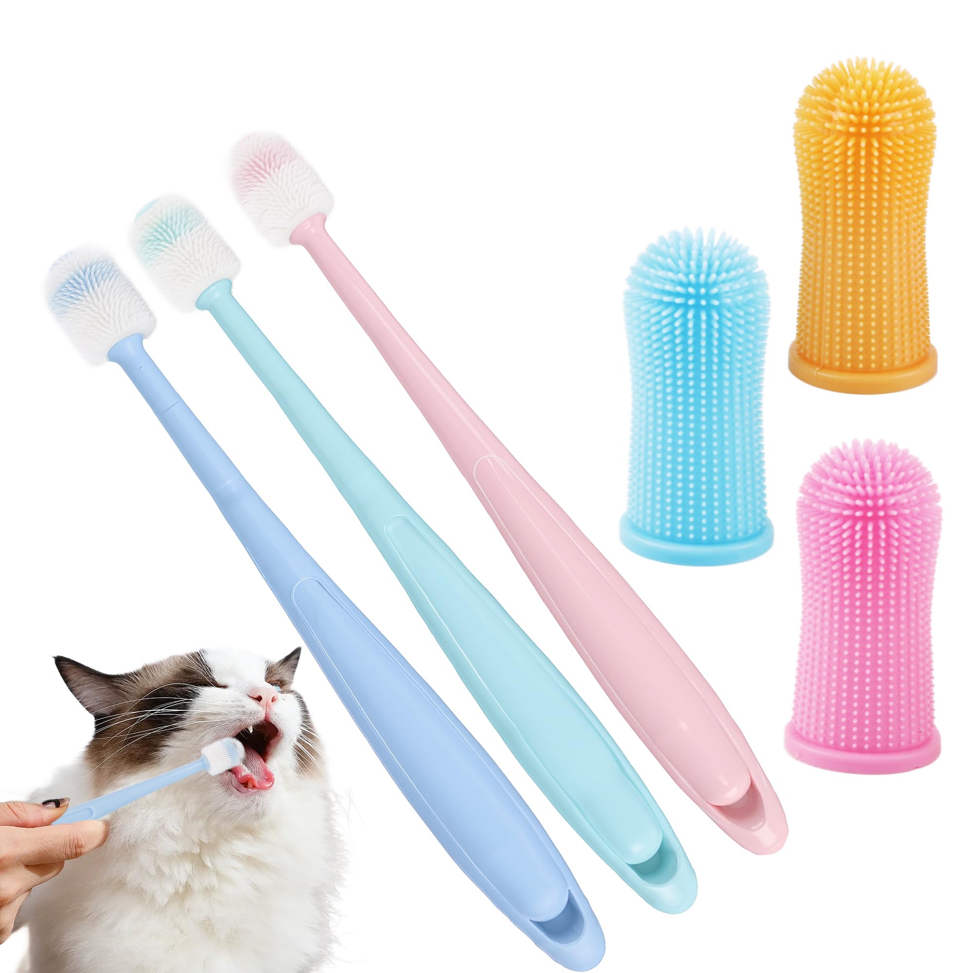 Yunova 6-teiliges Katzen & Hunde Zahnbürsten Set – 3x 360° Rundum Zahnbürste (15,5cm) + 3x Silikon Fingerzahnbürste (5cm) – BPA-frei, Umweltfreundlich, Für Mehrtierhaushalte, Wiederverwendbar