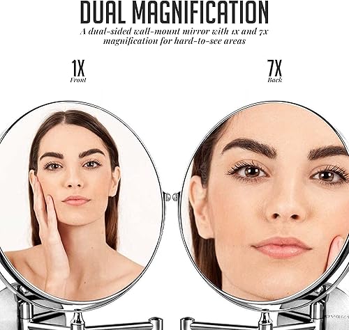 Miniatura 2 de Ovente Espejo de maquillaje para montaje en pared de 9 pulgadas lupa 1X y 7X reflejo redondo giratorio ajustable de doble cara extensible brazo