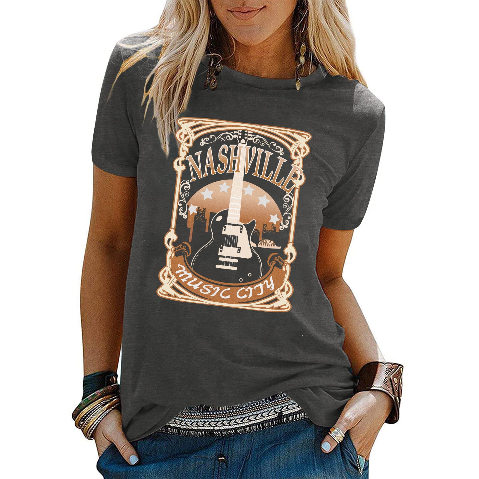 WrenpiesWomen's Nashville Music City Tshirt Country Concert Tops Vintage Guitar Graphic Tees Oversized Tennessee T Shirts