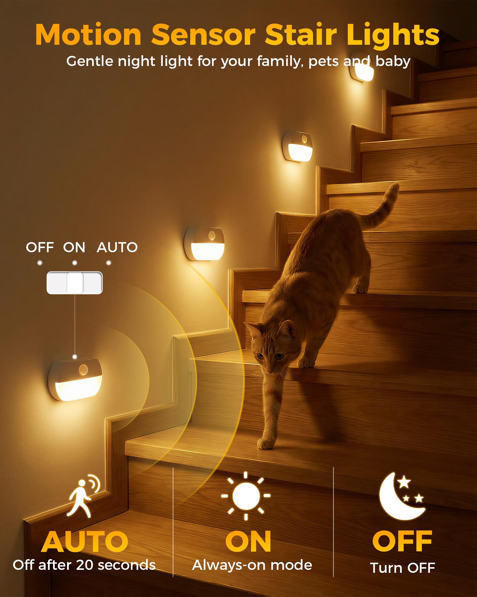 Paquete de 12 luces recargables con sensor de movimiento para escaleras, luz de pasillo interior, luz nocturna inalámbrica portátil, luces LED que funcionan con pilas para escaleras, armarios