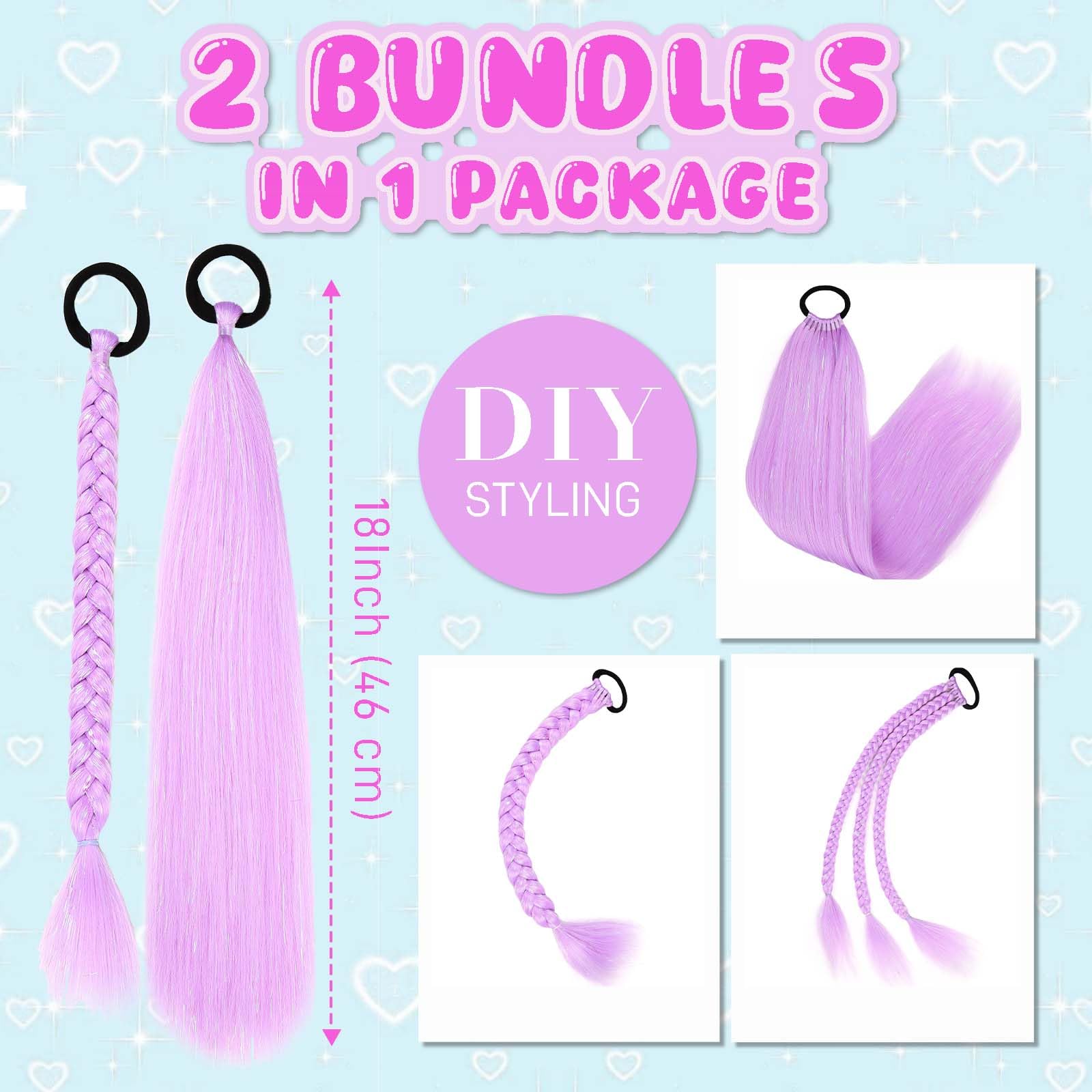 Rainbow Ponytail Extensions With Hair Tie 2 Packs 40g/Pack Coloured Hair Extensions for Braiding 18 inch Colorful Ombre Mermaid Pony Tail Synthetic Hair Extensions for Girl Women SSPurple - Image 4