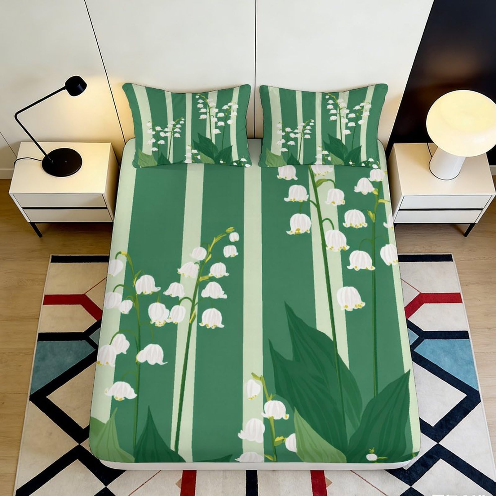 3D Printed Lily of the Valley Fitted Sheet Microfiber Soft Green Botanical Forest Mattress Cover Bedroom Decor 90x200x25cm