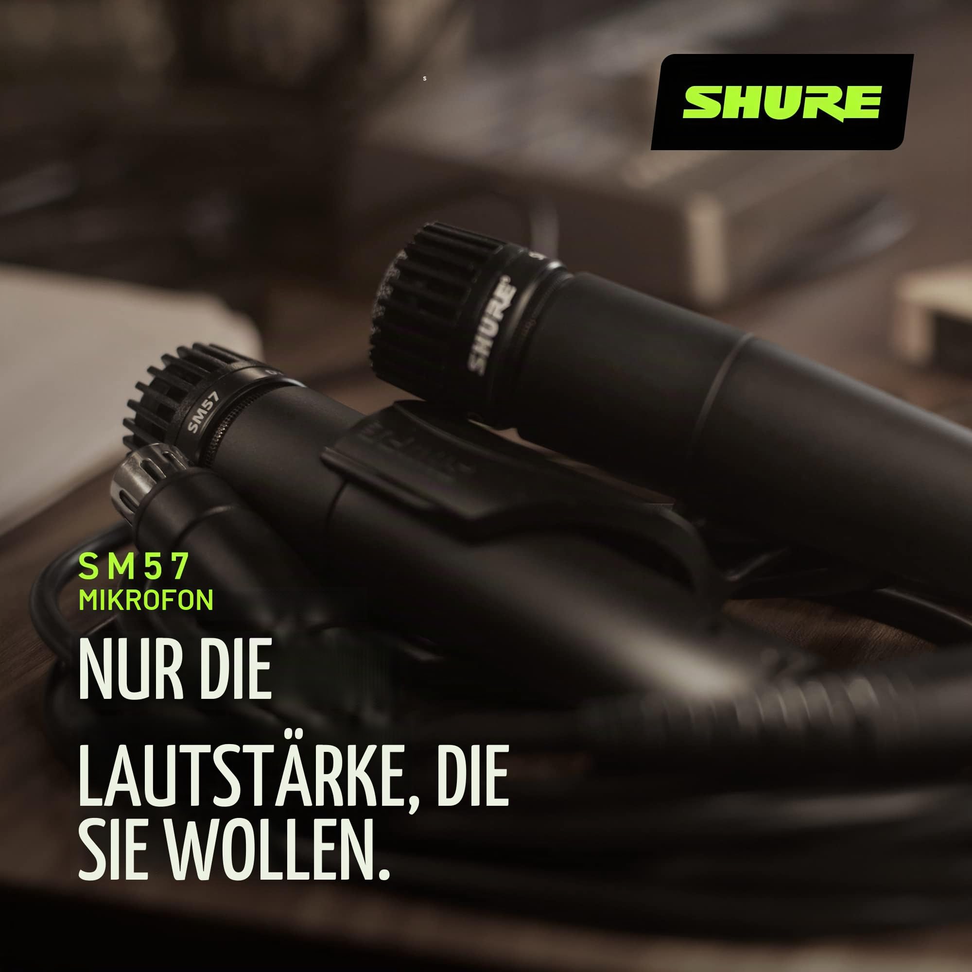 Shure SM57 Dynamisches Instrumentenmikrofon mit Nierencharakteristik, pneumatischer Schockhalterung, A25D Mikrofonklammer, Aufbewahrungstasche, 3-poligem XLR-Anschluss, ohne Kabel (SM57-LCE)