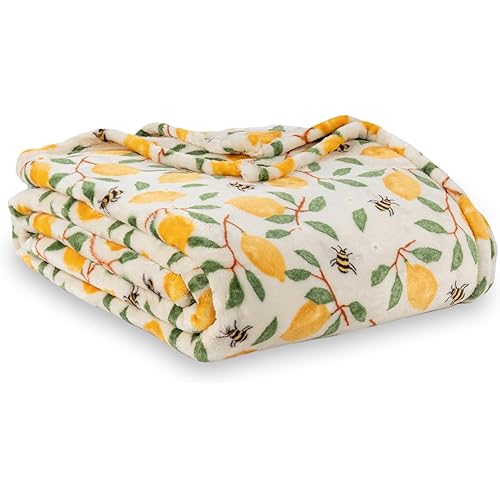 Berkshire Blanket-Classic Heavyweight Soft Printed VelvetLoft® Plush Blanket, Full/Queen Size Soft Fuzzy Warm Blanket for Couch Sofa Bed, Lemons and Bees Yellow, 90in x 90in