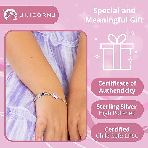Miniatura 4 de UNICORNJ 925 Italy Sterling Silver Child or Baby Name Bracelet Girls Boys, Personalized Engraved Kids ID Bracelets, 6.5" Figaro Chain, Enamel Charm