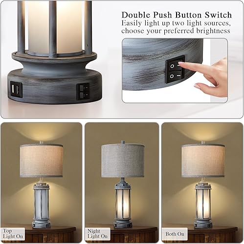 Miniatura 4 de AIEAMPDO Juego de 2 lámparas de mesa rústicas para sala de estar, lámpara de mesita de noche vintage de granja con 2 puertos USB, luz nocturna de