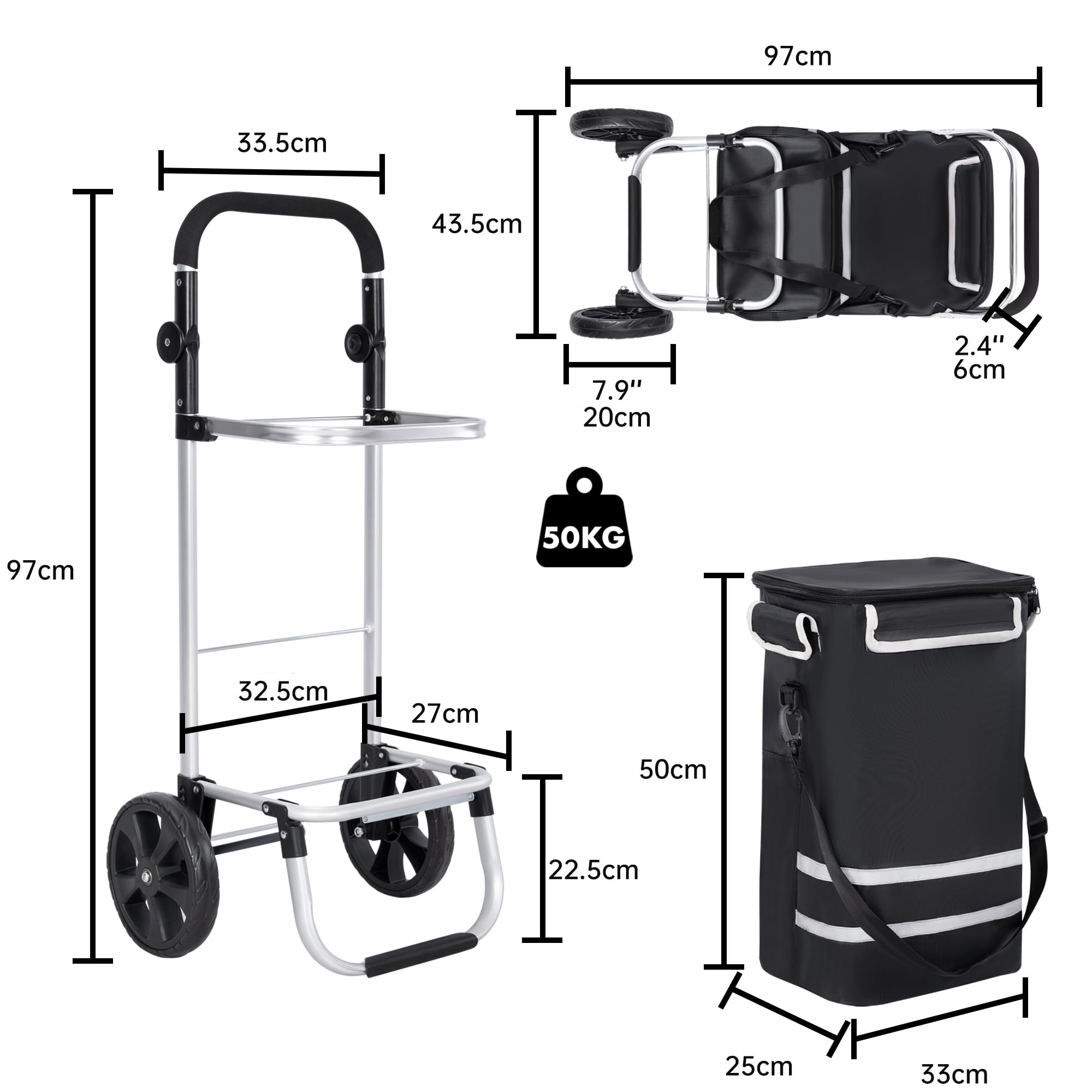 T-LOVENDO.ES Carro Compra Plegable Ruedas Grandes Aluminio Ligero Bolso Térmico Aislamiento Reflectante Bolsa Extraíble Transporte Fácil Ergonómico Resistente Compacto Multifunción Urbano