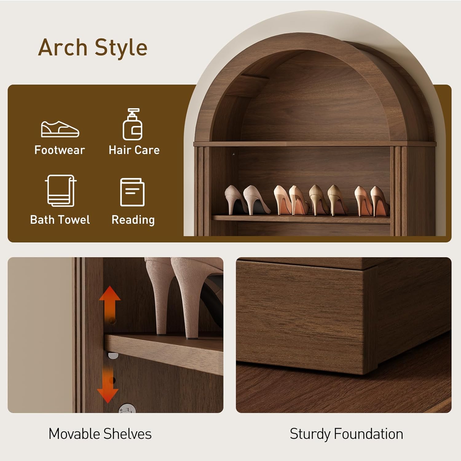 RALGEND Arched Bookshelf, 73" Tall Arch Bookcase with Drawers, 6-Tier Farmhouse Book Shelf, Wooden Bookshelf with Open Display Shelves for Living Room, Office, Adjustable Shelf, Walnut