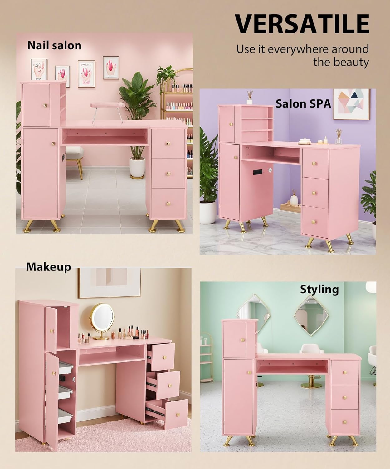 Pink Nail Table for Nail Tech, Nail Desk for Nail Tech, Manicure Table Nail Station for Makeup Beauty Spa Salon, w/2 Hand Rest, Pull-Out Storage Tray, 3-Tiers Shelves, Golden Legs