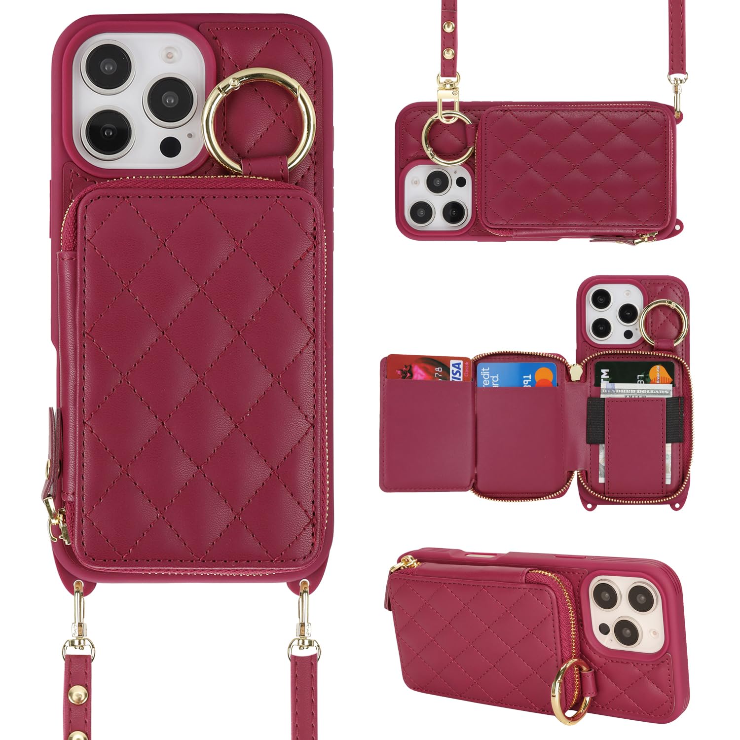Crossbody Wallet Case for iPhone 16 Pro-Dark red