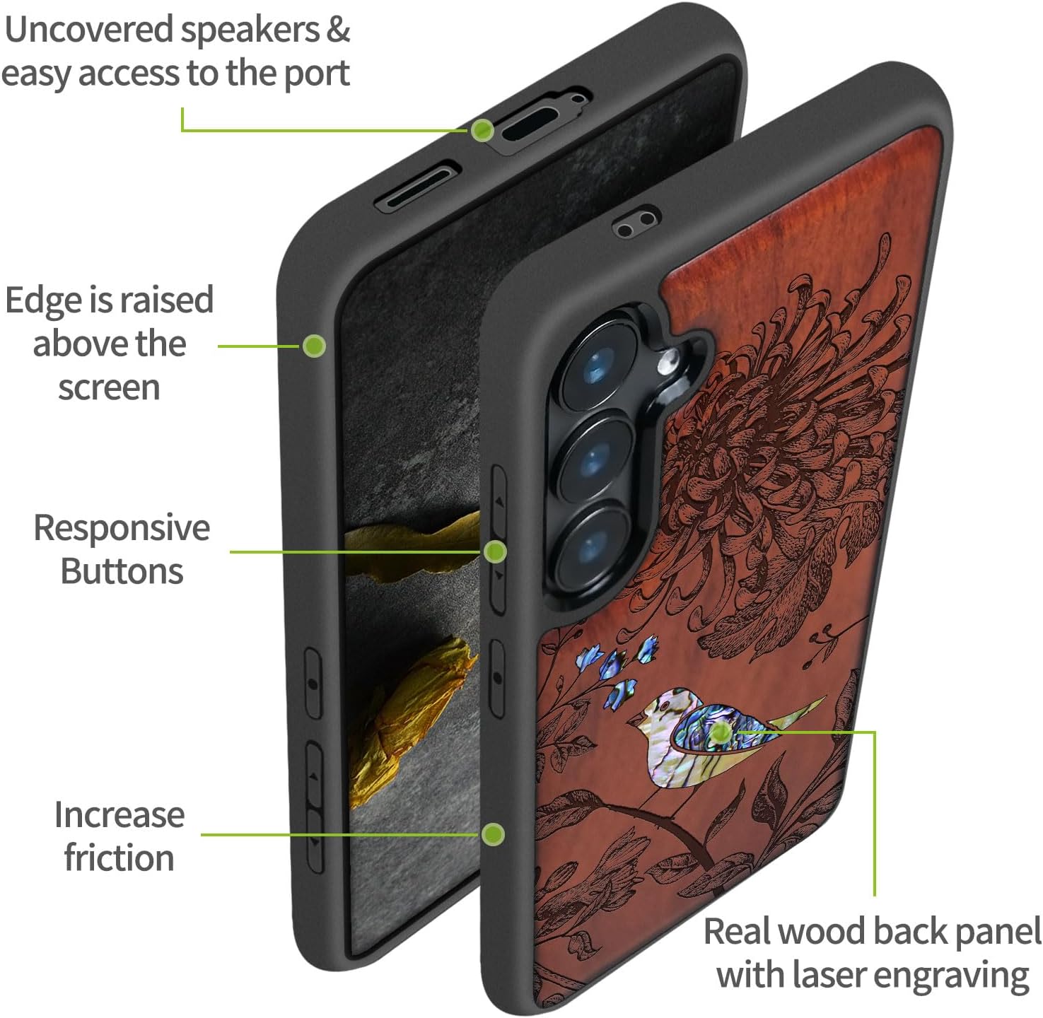Carveit Designer Wooden Case for Samsung Galaxy S24 Case [Wood Engraving & Shell Inlay] Compatible with Wireless Chargers S24 Cover (Flowers and Bird-Rosy)