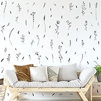 Vista 6 de Kazova Calcomanías de pared de hojas florales, calcomanías de pared de flores silvestres negras, ramo de plantas botánicas, calcomanías de pared