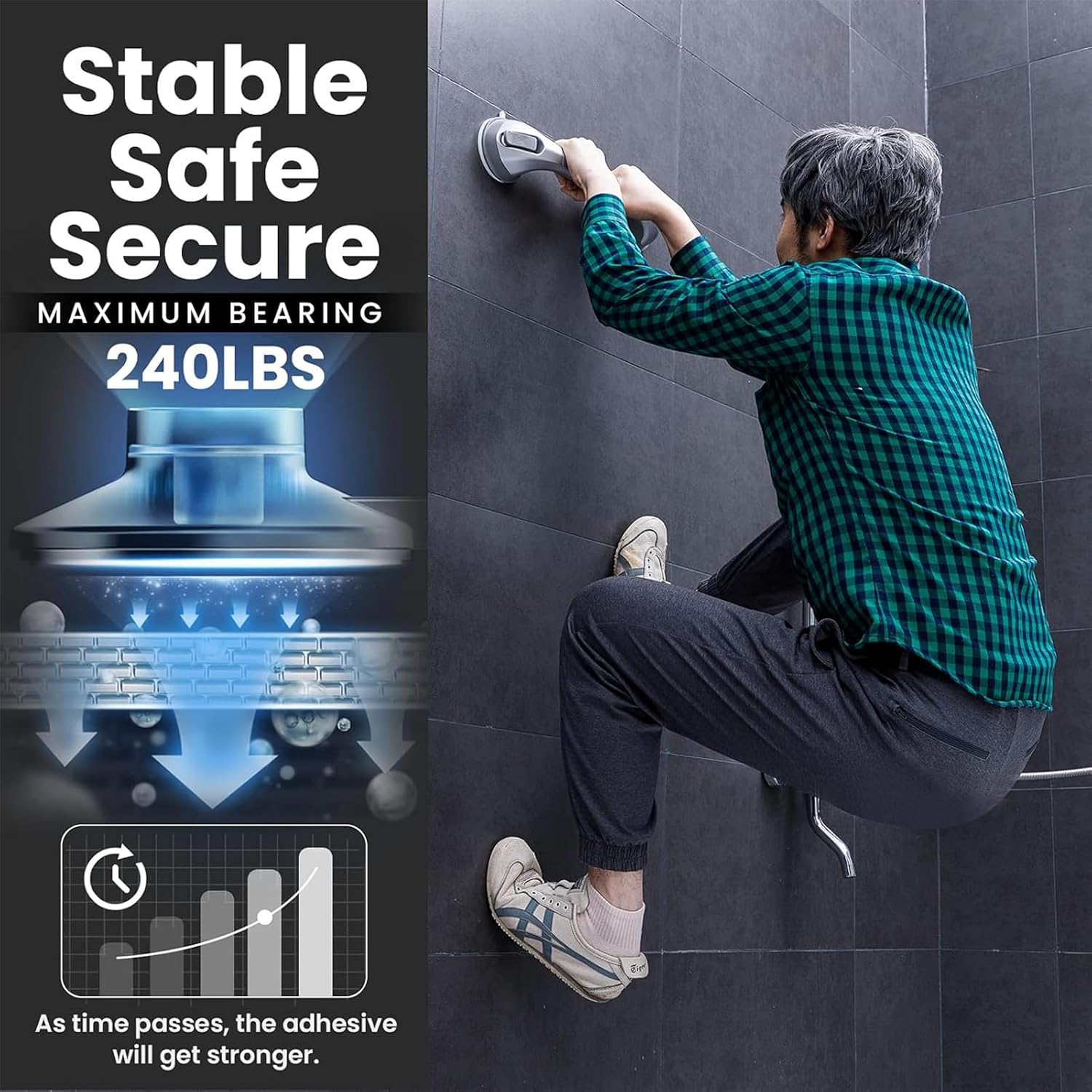Suction Cups Grab Rails for Bathroom, Strong Bathtub Shower Handles, Anti Slip Shower Wall Grip Handle, Disability Aids, Hold 110Kg Shower Grab Bar for Elderly Children (Gray, 43cm)