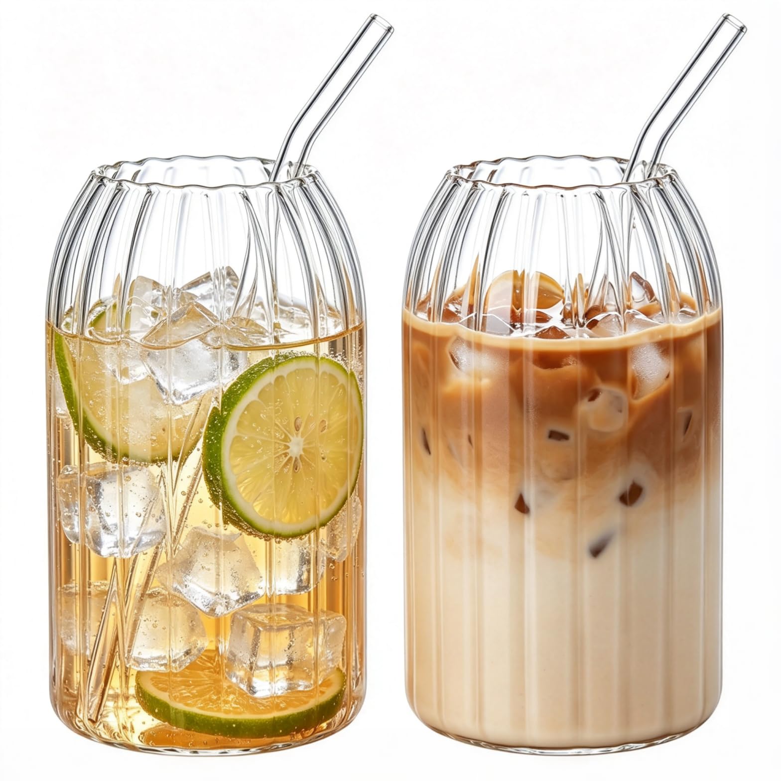 2Pcs 750ML Glass Mugs with Straws - Clear Iced Coffee Cup Matcha Ribbed Glass Cups Matcha Glasses with Cup Brush Borosilicate Glass for Ice Coffee Juice Drink Milk Tea Cocktail Wedding Birthday Gift