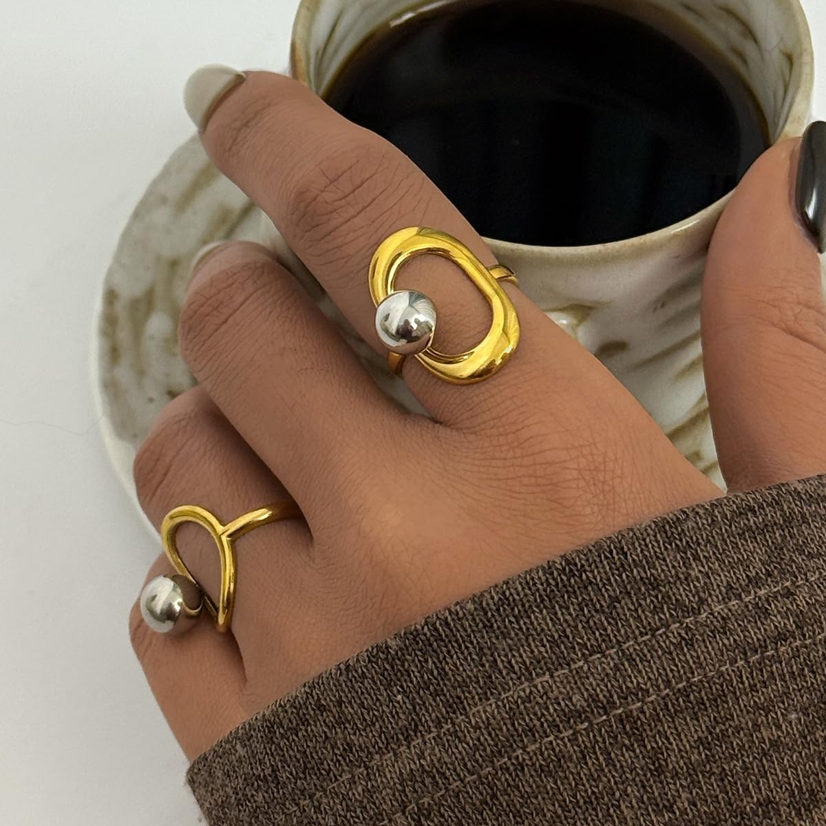 Kokoma Hollow Circle Steel Ball Ring for Women Modern Geometric Gold Plated Statement Ring Adjustable Open Finger Band Rings Unique Party Jewelry - Image 3