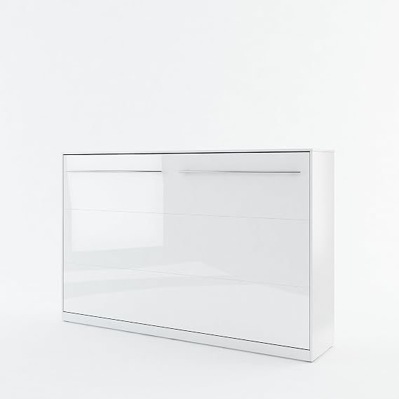 Stylish White Gloss Murphy Bed 120 x 200cm Modern Horizontal Fold Away Pull Out Wall Bed with Duvet Straps for Space Efficiency.