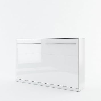 Stylish White Gloss Murphy Bed 120 x 200cm Modern Horizontal Fold Away Pull Out Wall Bed with Duvet Straps for Space Efficiency.