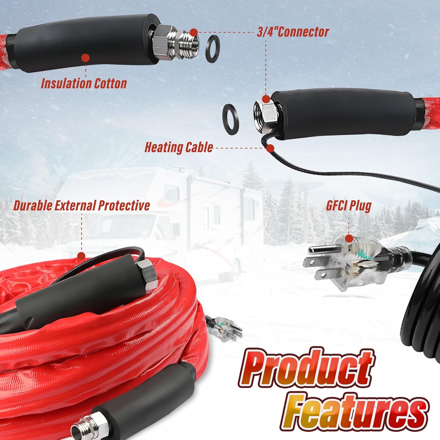 13FT，26FT，50FT RV Heated Drinking Water Hose | Water Line Freeze Protection -45°C（-49°F）Heat Garden Hoses,Water Hose for Winter Includes Adapter for Connection to Either End of Hose