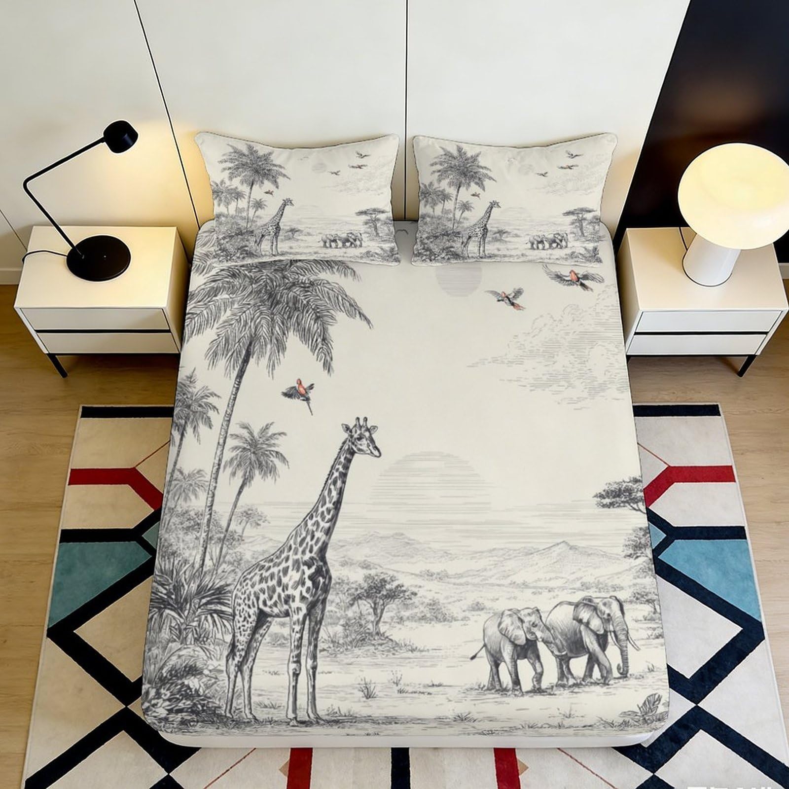 3D Printed Safari Giraffe Fitted Sheet Microfiber Breathable Elephant Bed Cover for Bedroom Guest Room Decor 90x200x25cm