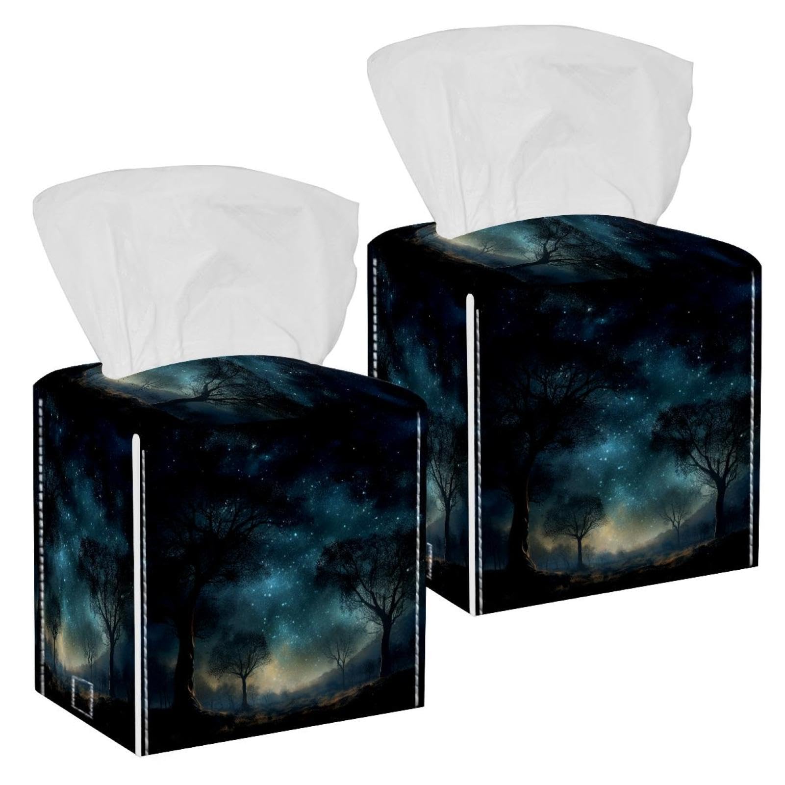 Stars Nebula Tissue Box Cover, 2 Pack PU Leather Square Facial Tissue Dispenser Box holder for Home Office Car