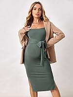 Vista 4 de OYOANGLE Vestido midi ajustado de manga larga con nudo frontal y cuello cuadrado para mujer