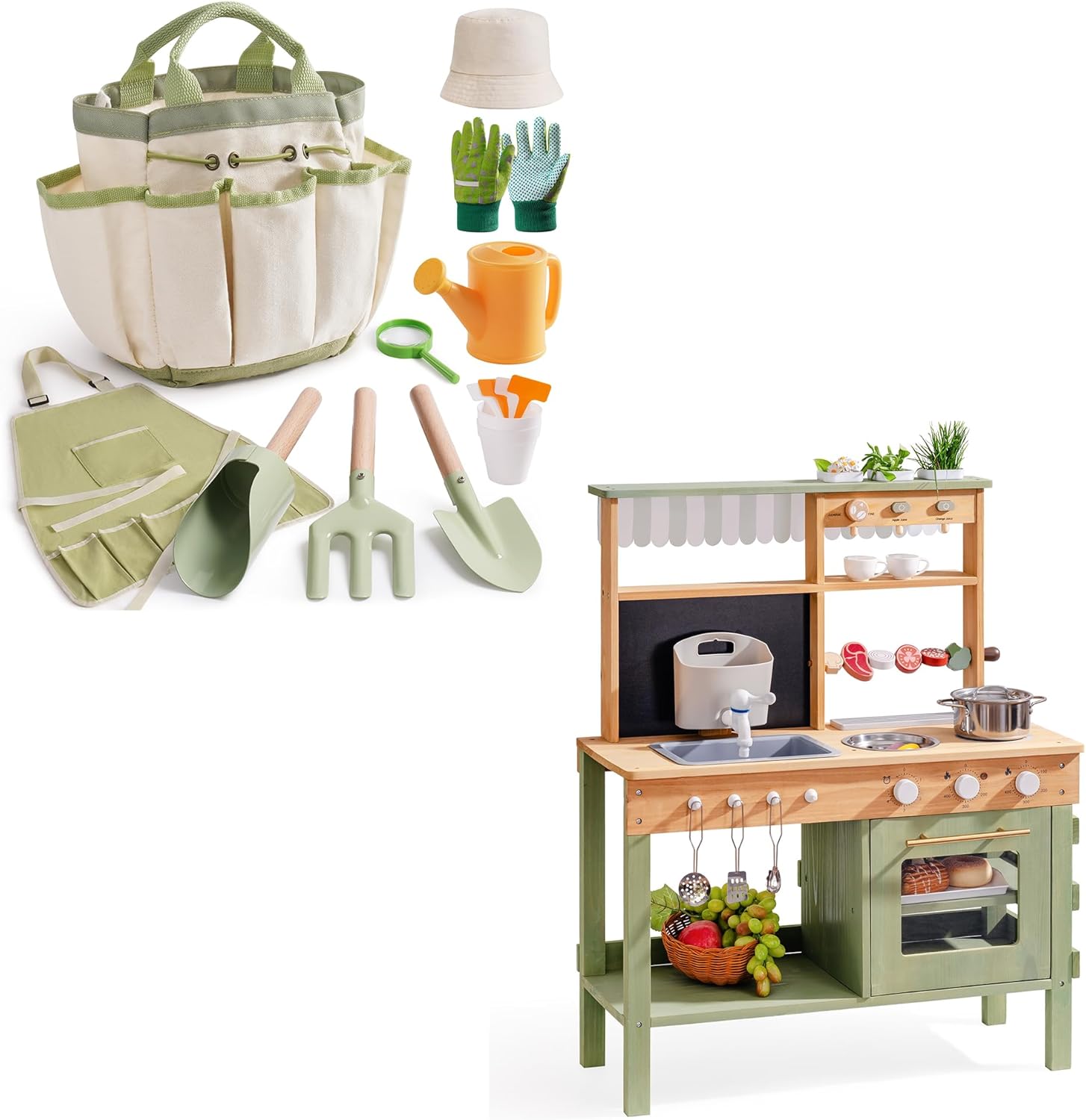 ROBOTIME Mud Kitchen & Kids Juego de herramientas de jardinería  Cocina de madera al aire libre con fregadero, parrilla y accesorios de simulación +