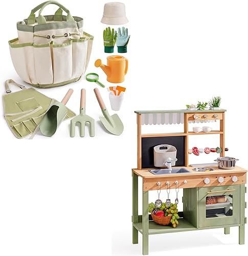 ROBOTIME Mud Kitchen & Kids Juego de herramientas de jardinería  Cocina de madera al aire libre con fregadero, parrilla y accesorios de simulación +