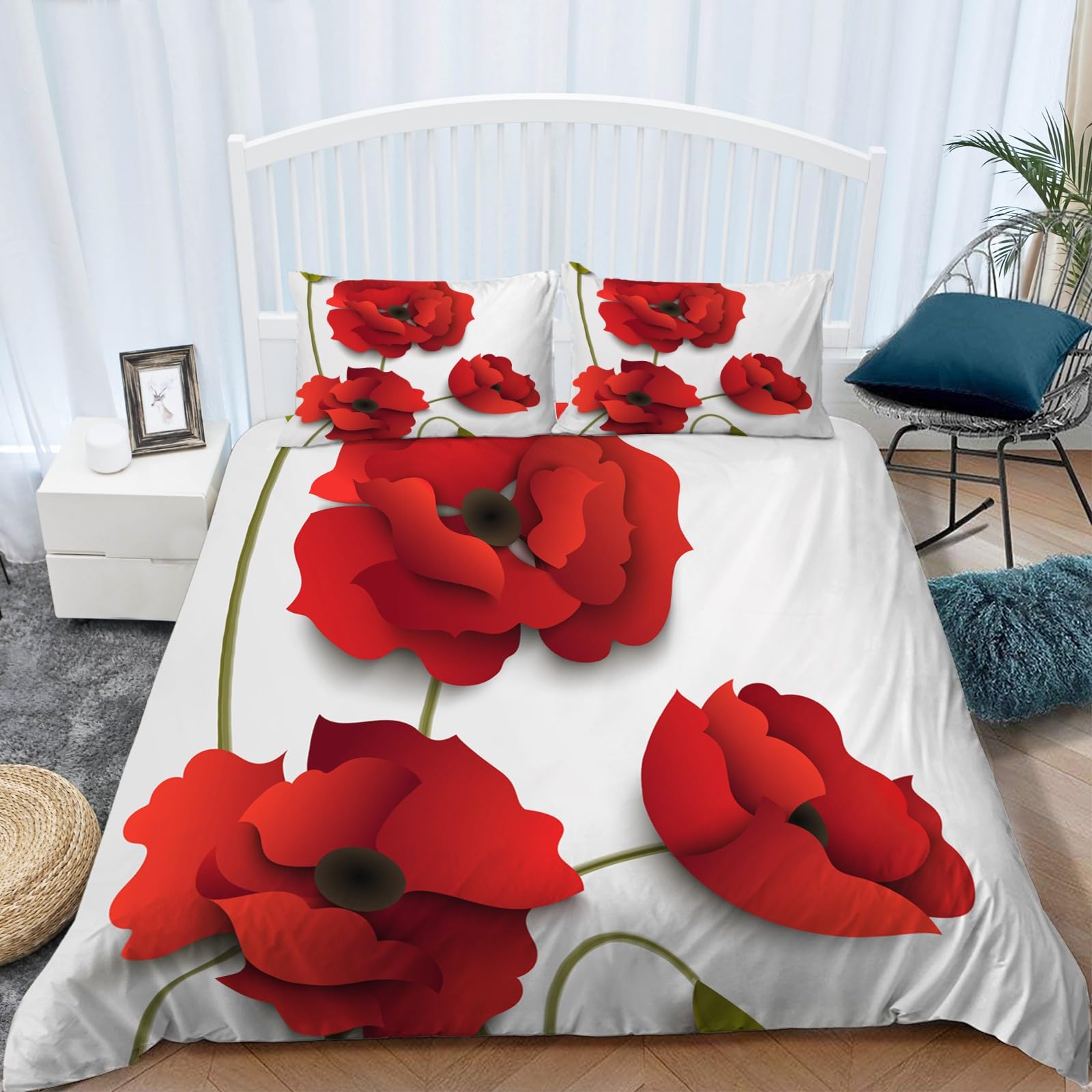 BanbE zestaw pościeli na kołdrę Super King, kolor czerwony, geometryczny kwiat, 3 szt., 220 x 260 cm, mikrofibra, hipoalergiczna poszewka na kołdrę, zestaw pościeli z poszewkami na poduszki, dla