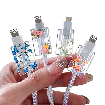 CameCosy Cute Floral Cable Protector for iPhone Charger Red Rose Wild Flower Bouquet Butterfly Cherry Blossoms Pattern 4 pcs Set Charging Cord Phone Saver