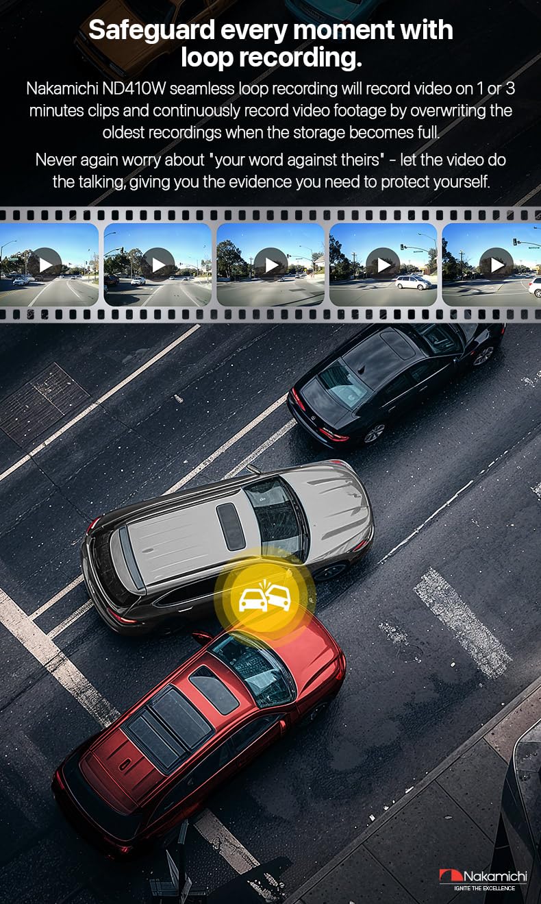 Nakamichi ND410W Dash CAM 1080p Frontal y Trasera, Espejo Retrovisor Digital, Asistencia de Estacionamiento, Visión Nocturna WDR, Grabación en Bucle, WiFi, Control por App, Tarjeta SD 64GB Incluida