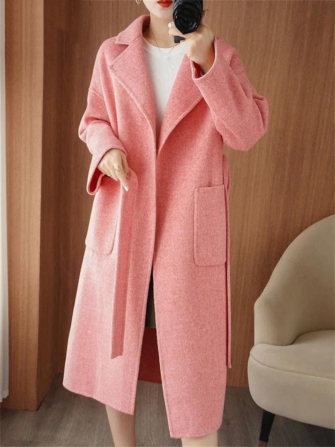 Abrigo de lana de doble cara para mujer, abrigo largo de lana con cinturón, ropa de moda, ajuste holgado