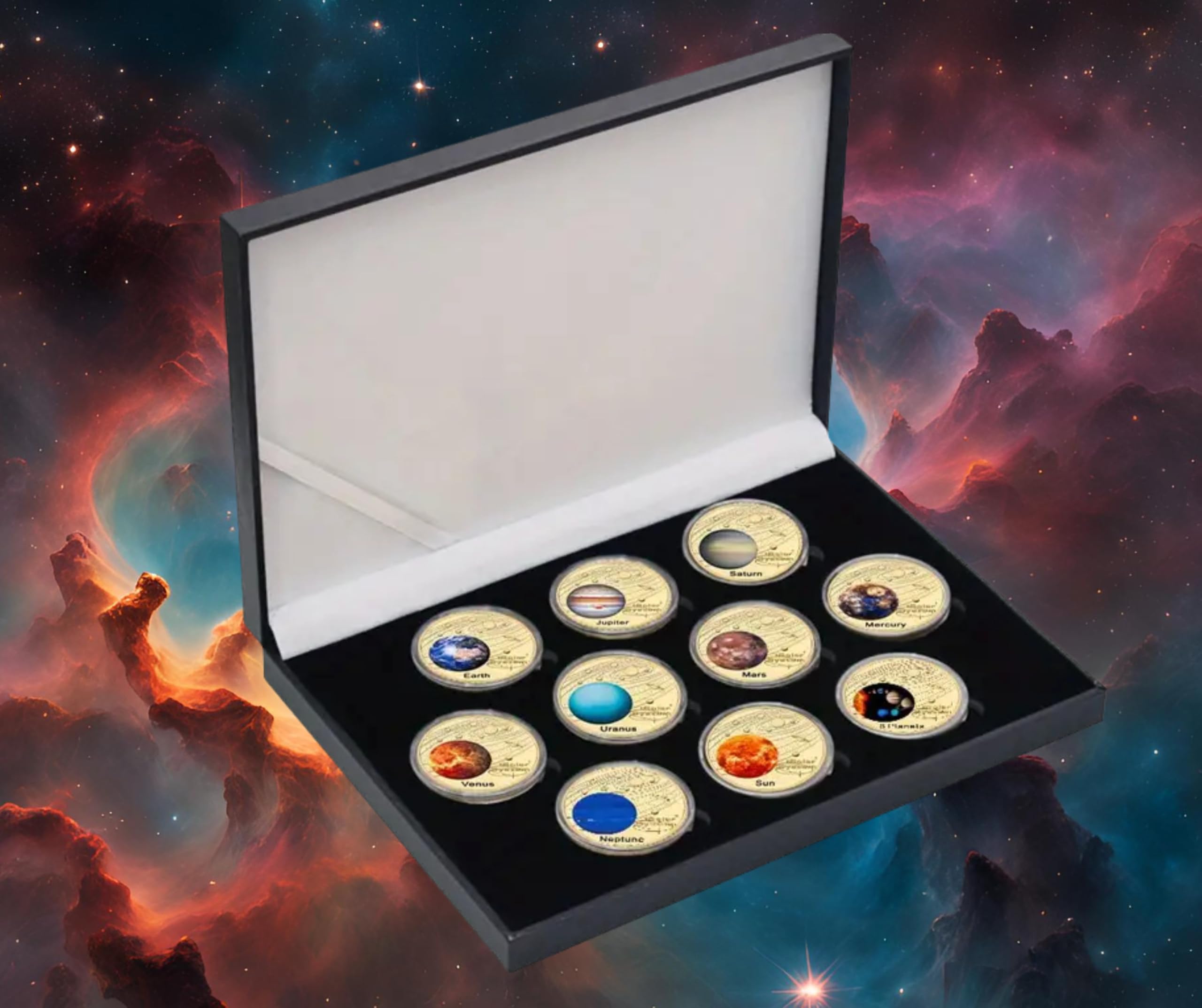 Juego de 10 piezas de colección del sistema solar chapado en oro con estuches individuales y caja de almacenamiento.
