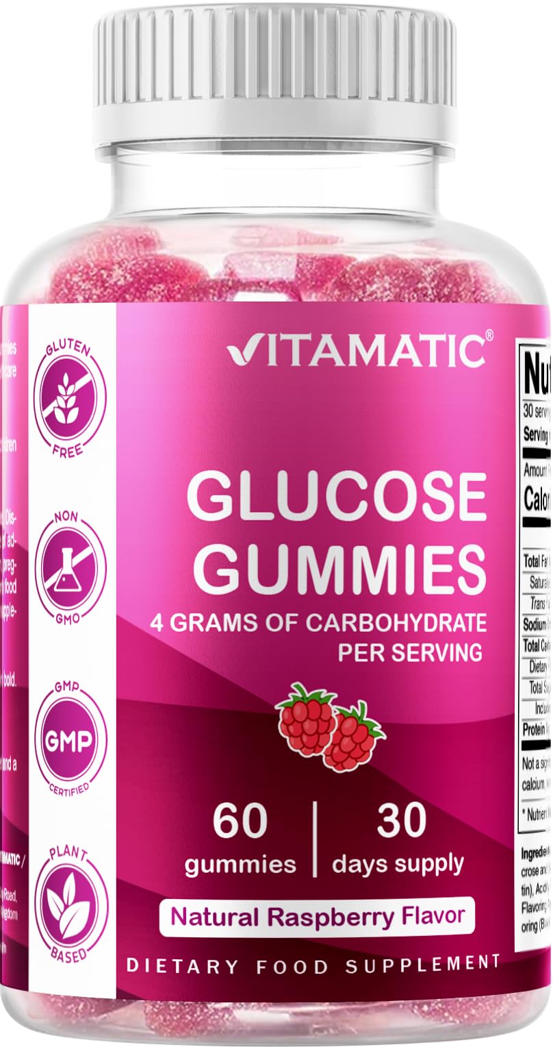 Vitamatic Glucose Chweble Gummies - 60 Count - Natural Raspberry Flavor - 4G of Carbohydrate per Serving