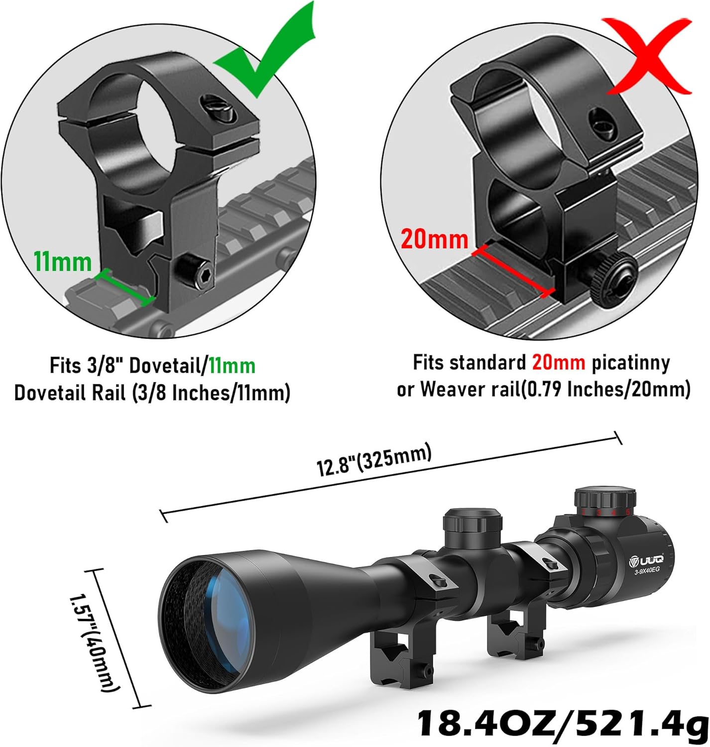 UUQ 3-9×40 Rifle Scope with Red/Green Illumination and Rangefinder Reticle-Includes Batteries,Fits 11mm Free Mounts,Waterproof and Fog-Proof