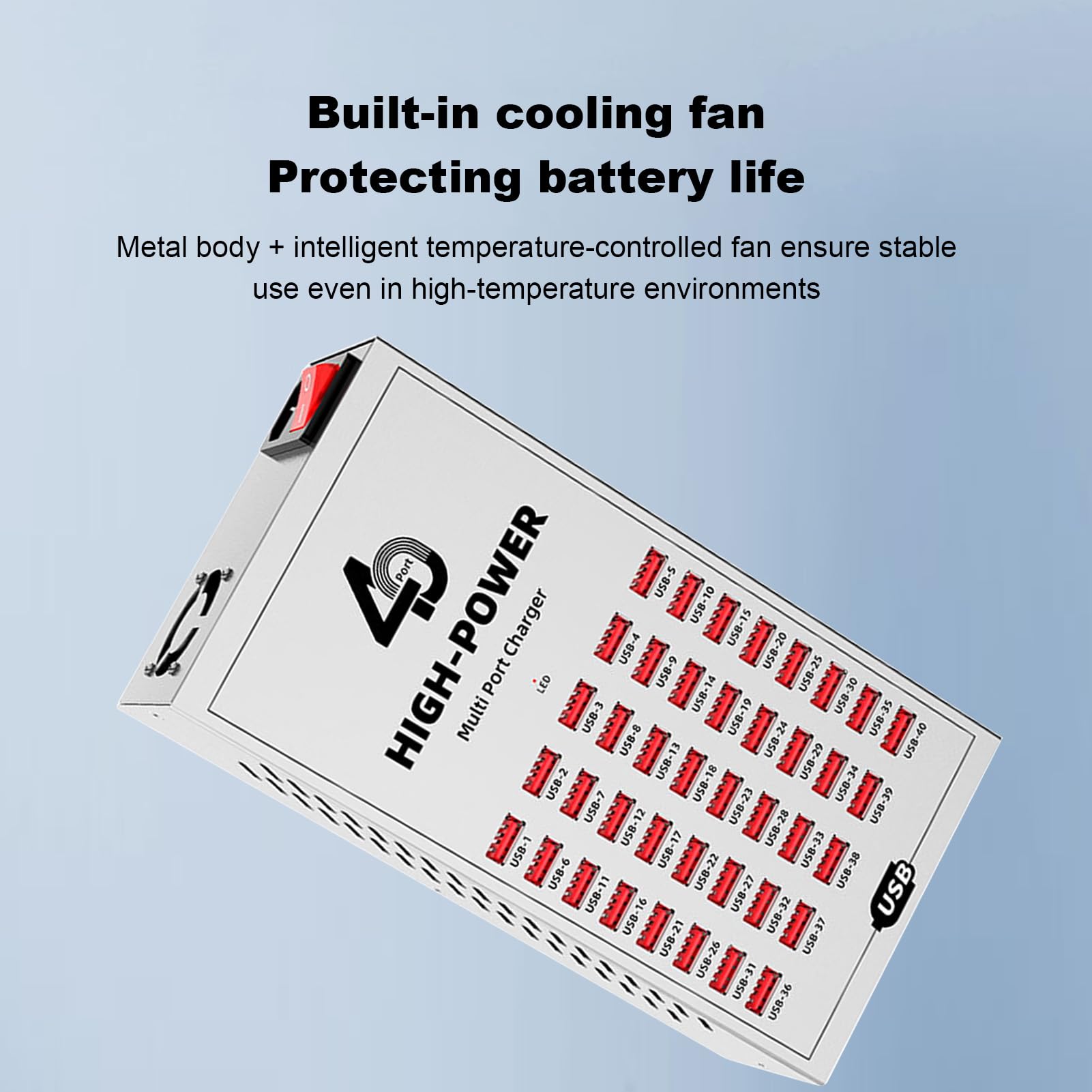 ASHATA Stazione di ricarica USB da 40 Port, 40 Port, 200 W, caricabatterie multi-dispositivo ad alta potenza con ventola di raffreddamento a ricarica rapida, controllo intelligente della temperatura