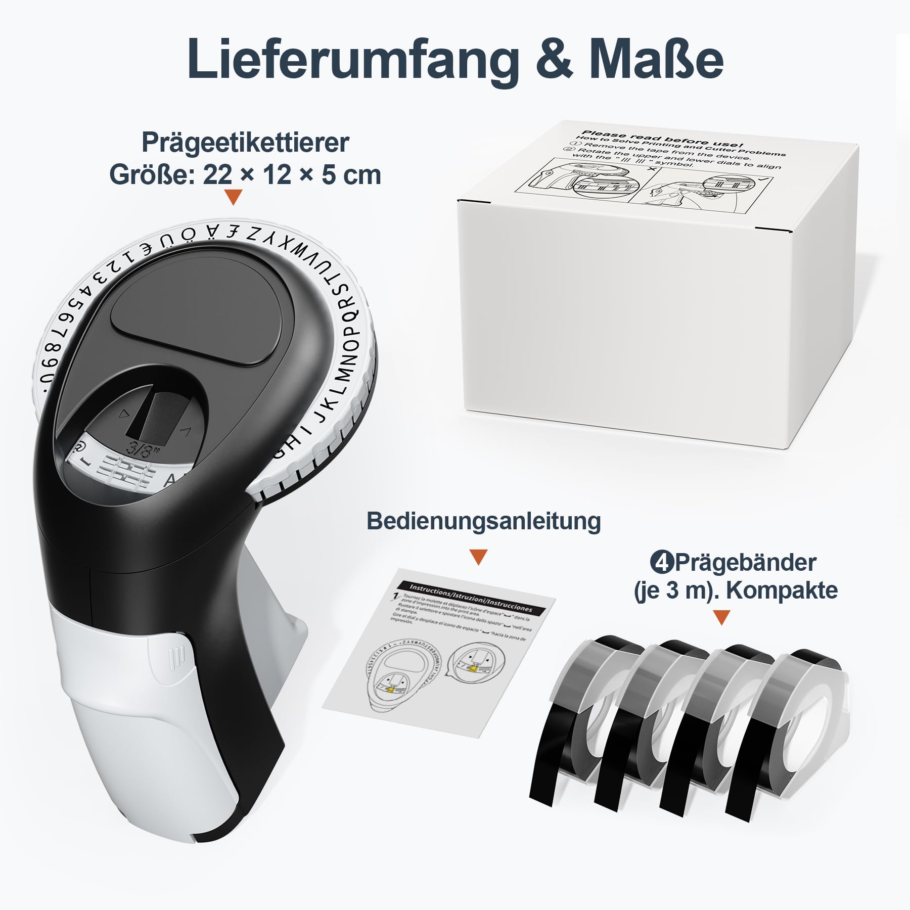 Beschriftungsgerät Prägegerät, Etikettiergerät Prägegerät, Omega-S Ettikettiergeraet mit 4 Etikettenbandern, Retro Prägemaschine – Hausgebrauch & DIY-Bastelprojekte, Schwarz (€ Ä Ö Ü)