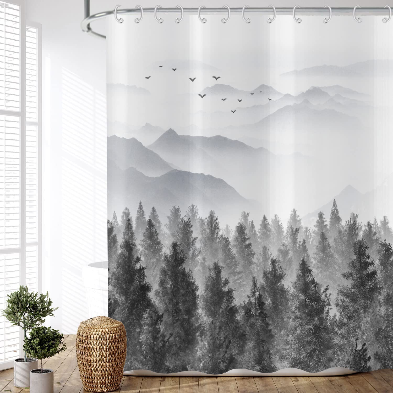 ASDCXZ Shower Curtain Forest 90x180 cm, Natural Landscape Grey Forest Misty Forest Motif Waterproof Textile Bath Shower Curtains Washable Polyester Fabric Shower Curtain for Bathtub with 6 Hooks โ image 1